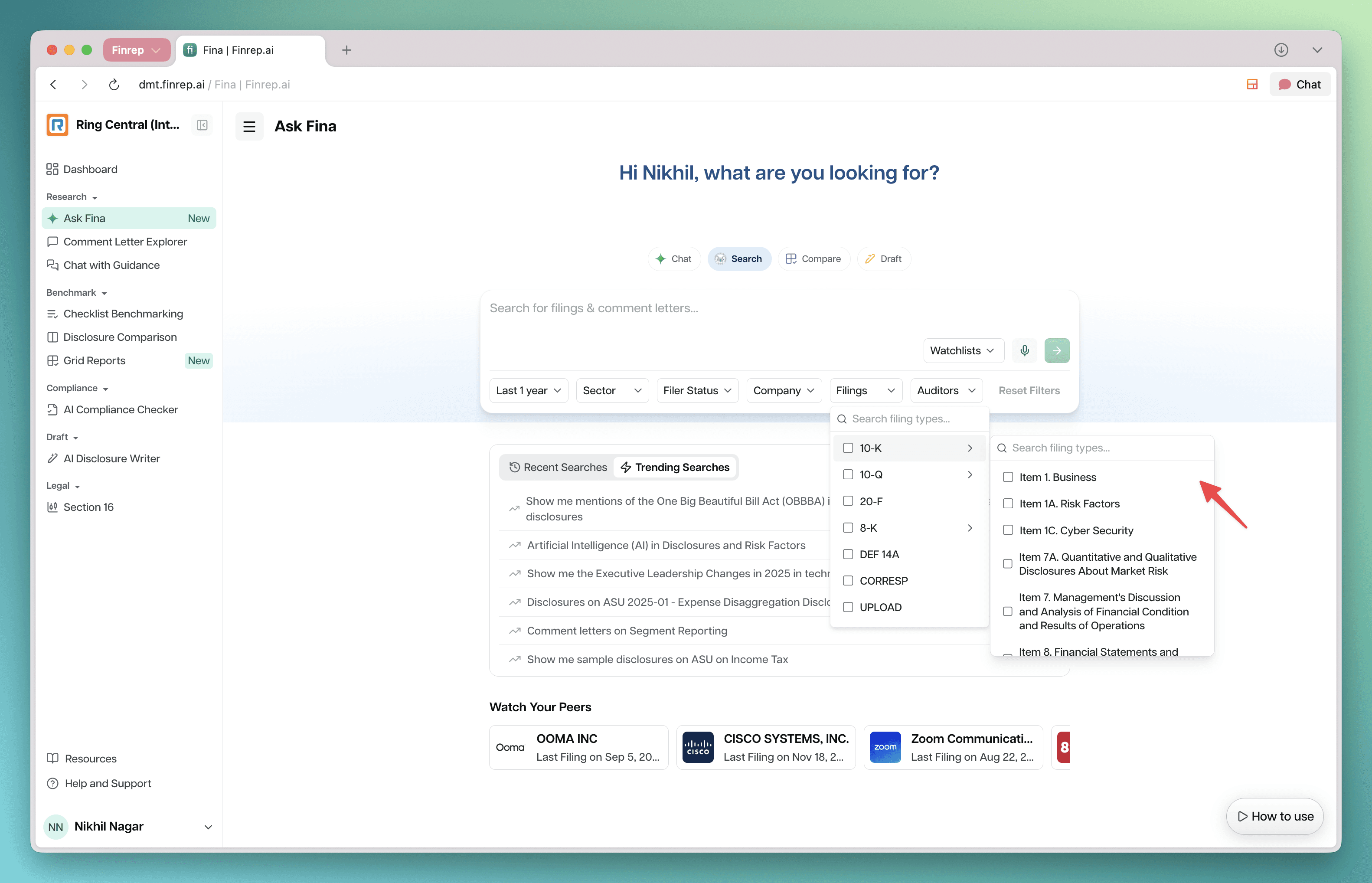 Section-level filters for 10-K, 10-Q and 8-K in EDGAR search