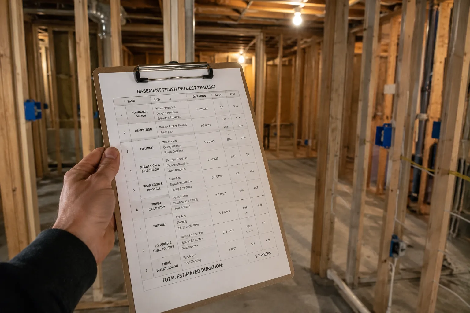 Contractor's hand holding a basement finish project timeline clipboard inside an unfinished Utah basement with wood framing and electrical rough-in visible in background