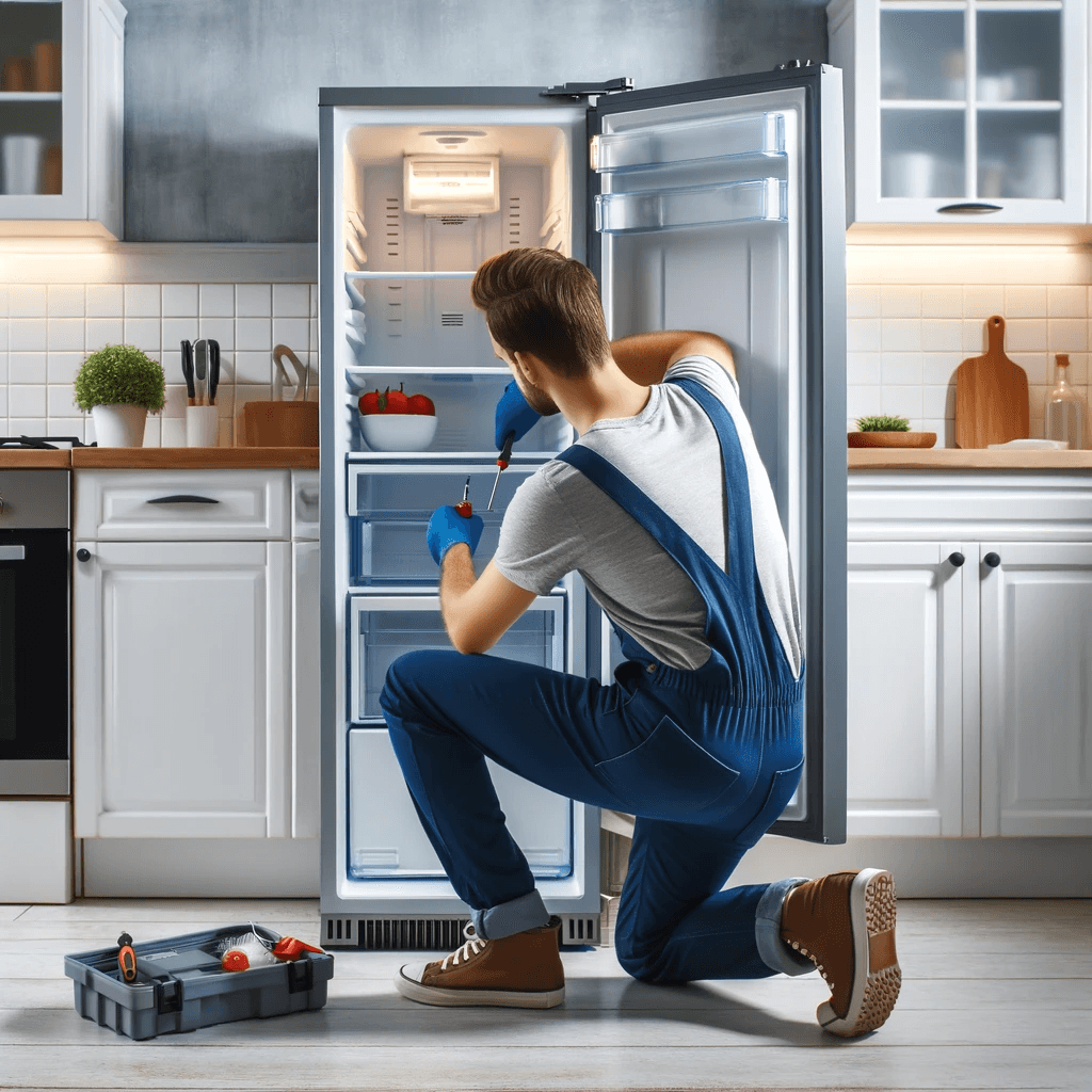 A man fixing a refrigirator on his knee in a traditional american kitchen