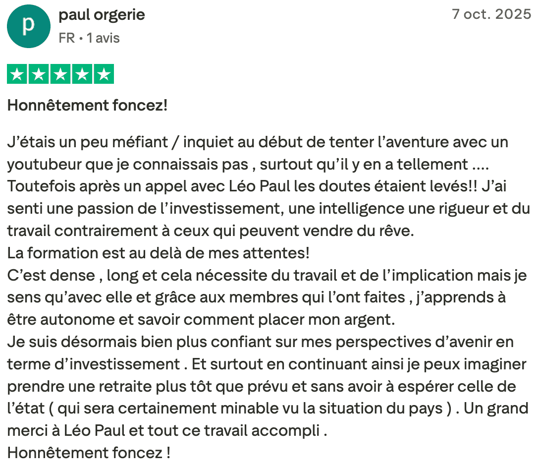 Avis Trustpilot 5 étoiles – Paul Orgerie, France, formation bourse complète et autonome avec coaching Léo-Paul