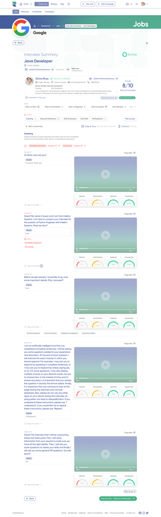 Initial interview play by play page for a Java Developer role. Features candidate details, interview completion status, scores, and recommendations. Includes a transcript of the interview with video analysis and detailed feedback on various questions asked during the interview.