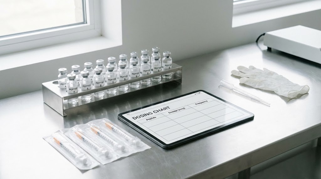 Glow peptide dosage dosing setup with vials and syringe