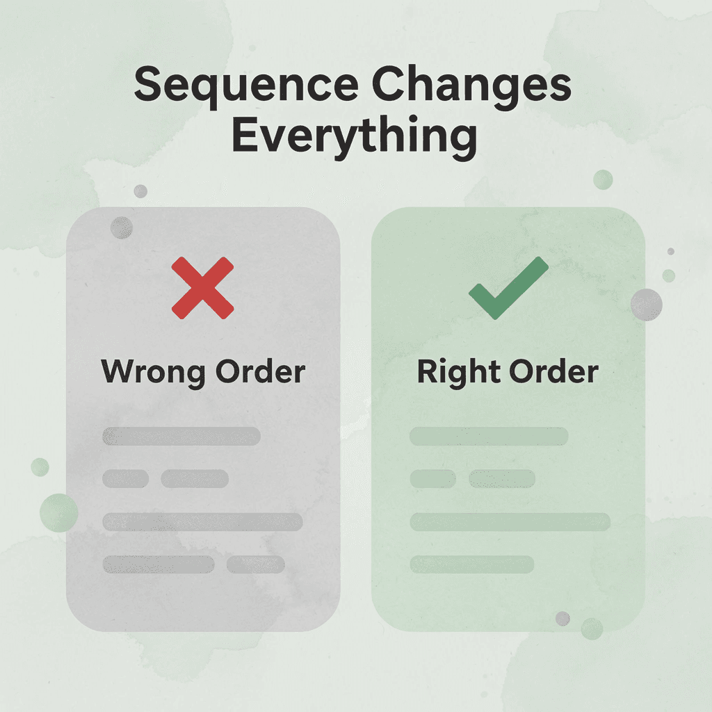 Before and after infographic showing wrong versus right workflow sequence