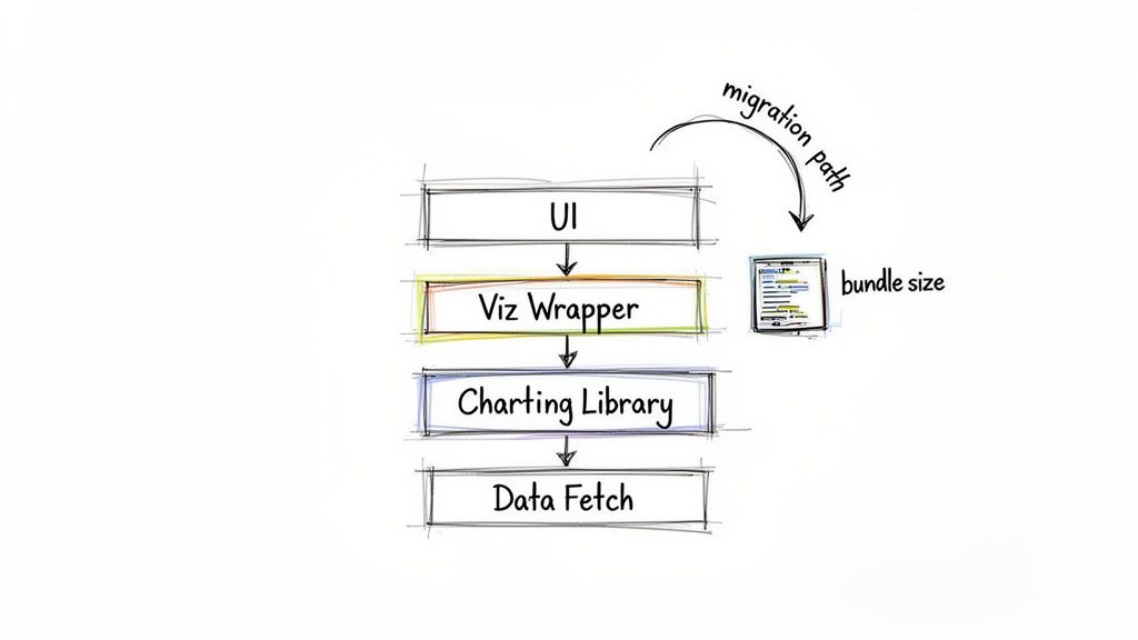 Diagram illustrating a layered software architecture: UI, Viz Wrapper, Charting Library, Data Fetch, migration path, and bundle size.