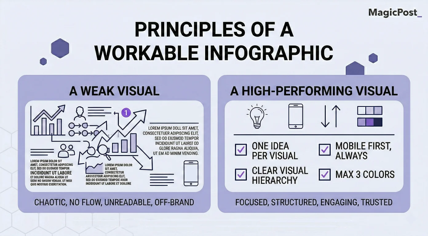 Infographic comparing a weak LinkedIn visual versus a high-performing infographic based on design principles