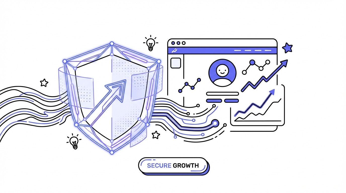 A modern digital illustration featuring a large, glowing shield in shades of blue, green, and purple, positioned to the left. The shield protects an abstract representation of a LinkedIn profile interface on the right, which shows conceptual elements like a network graph and upward data trends. Subtle, glowing data streams and circuit patterns emanate from and pass through the shield, connecting to the profile, symbolizing ethical automation and secure growth. The background is a clean, abstract digital space.