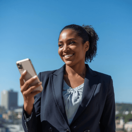 A woman wearing a purple sweater holds a green smartphone and smiles warmly under a clear blue sky, conveying happiness and connectivity.