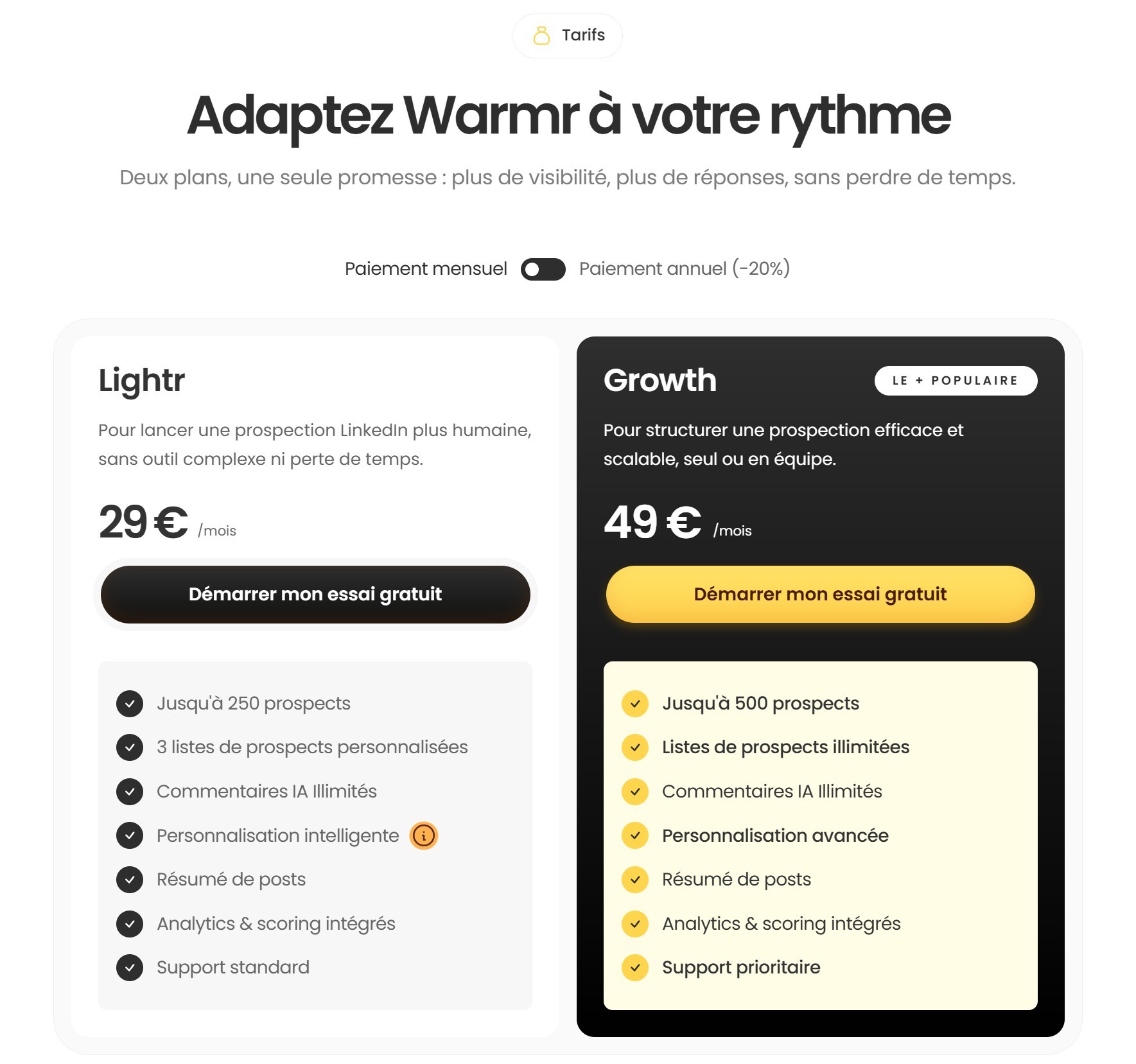 section pricing landing page warmr