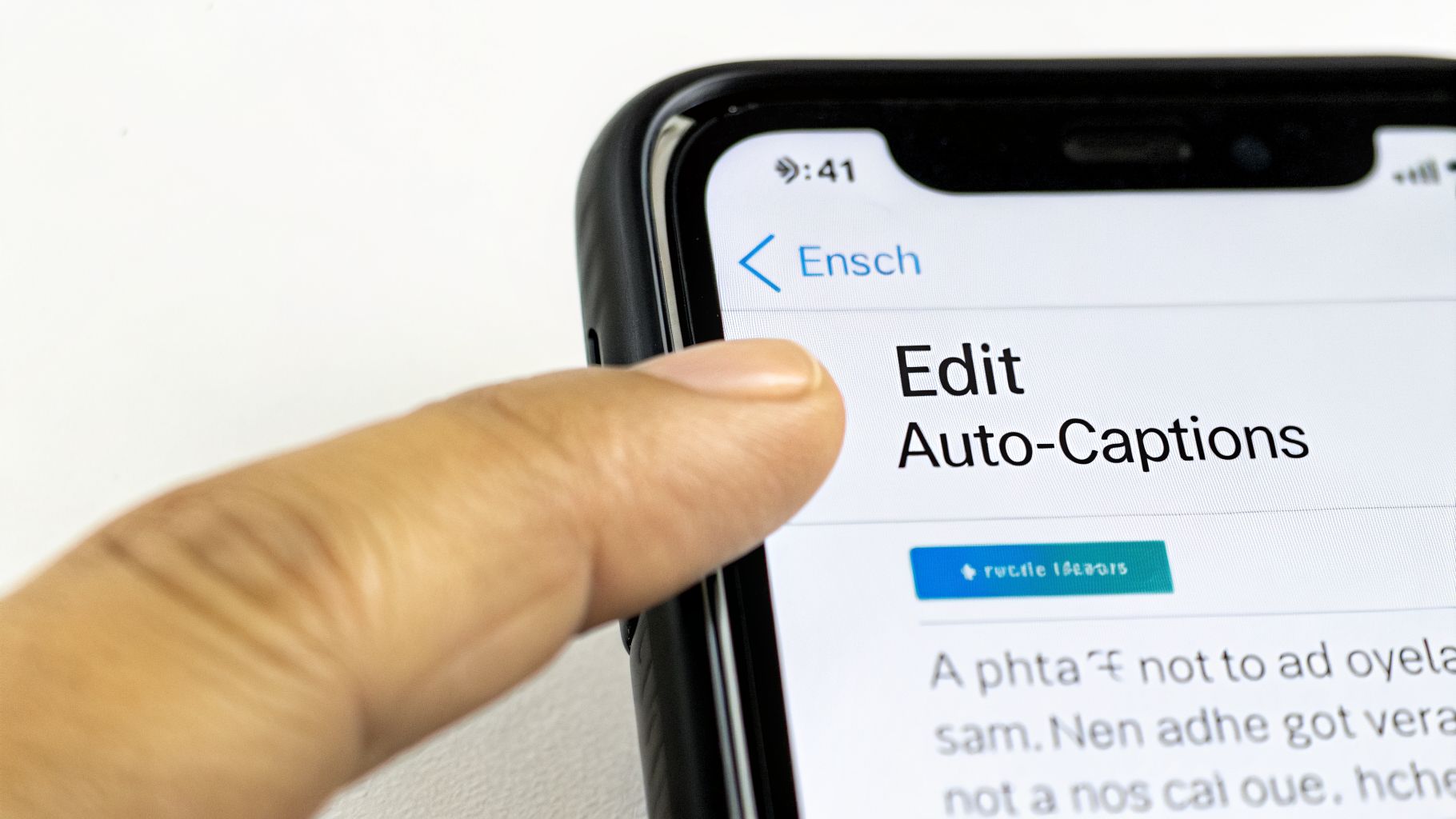 Close-up of a hand pointing to 'Edit Auto-Captions' on a mobile phone display.