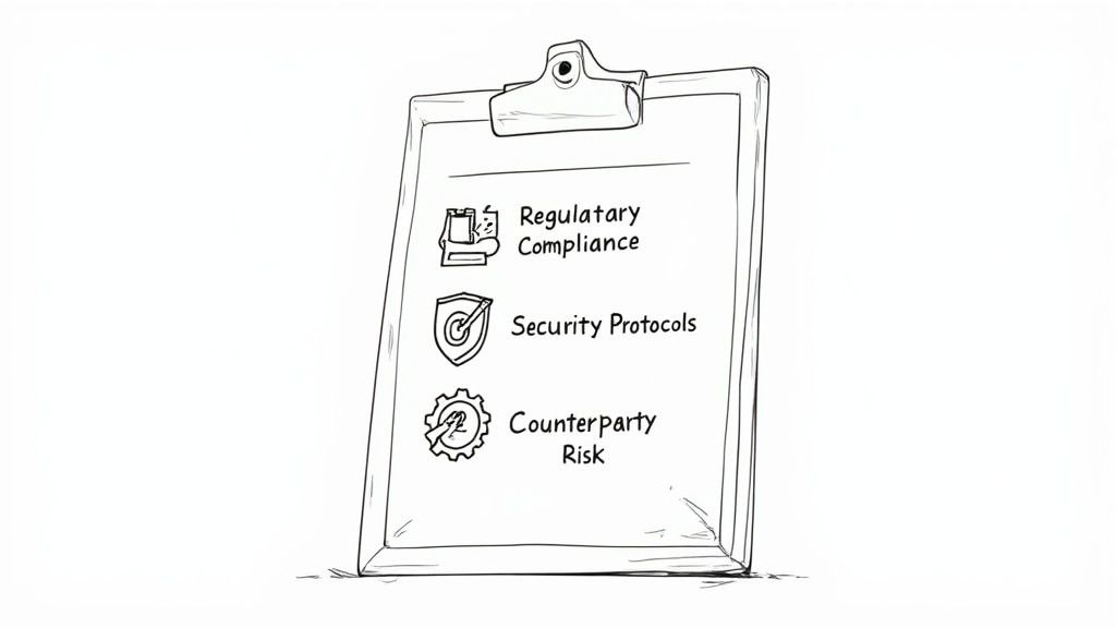 A hand-drawn clipboard lists 'Regulatory Compliance,' 'Security Protocols,' and 'Counterparty Risk' with corresponding icons.