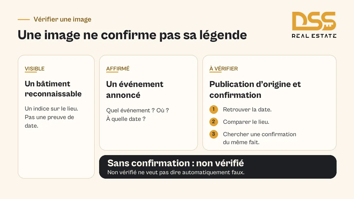 Distinguer ce que montre une image de Dubaï du lieu, de la date et du fait restant à vérifier : bâtiment visible, événement affirmé, publication d’origine et confirmation à retrouver.