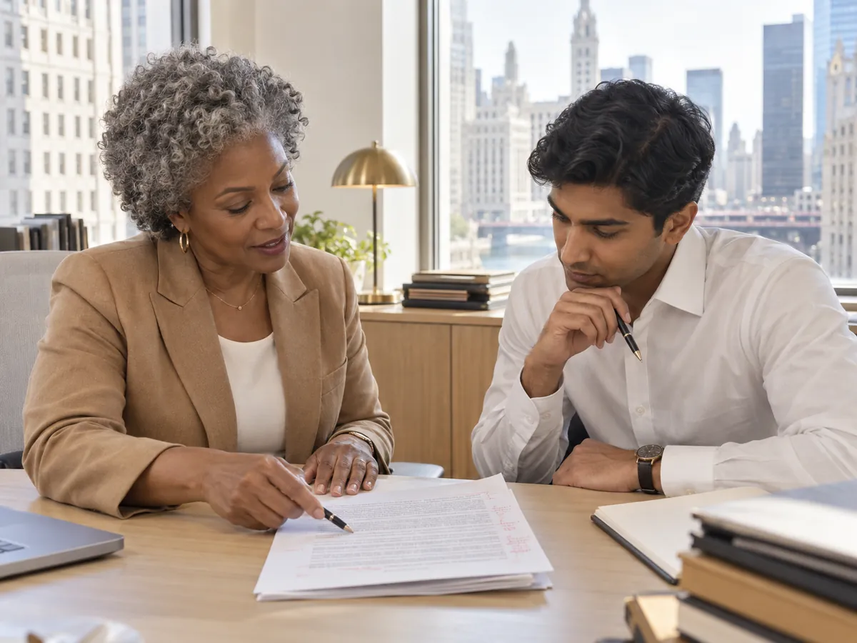 A partner going through a draft with an associate, both looking at the document