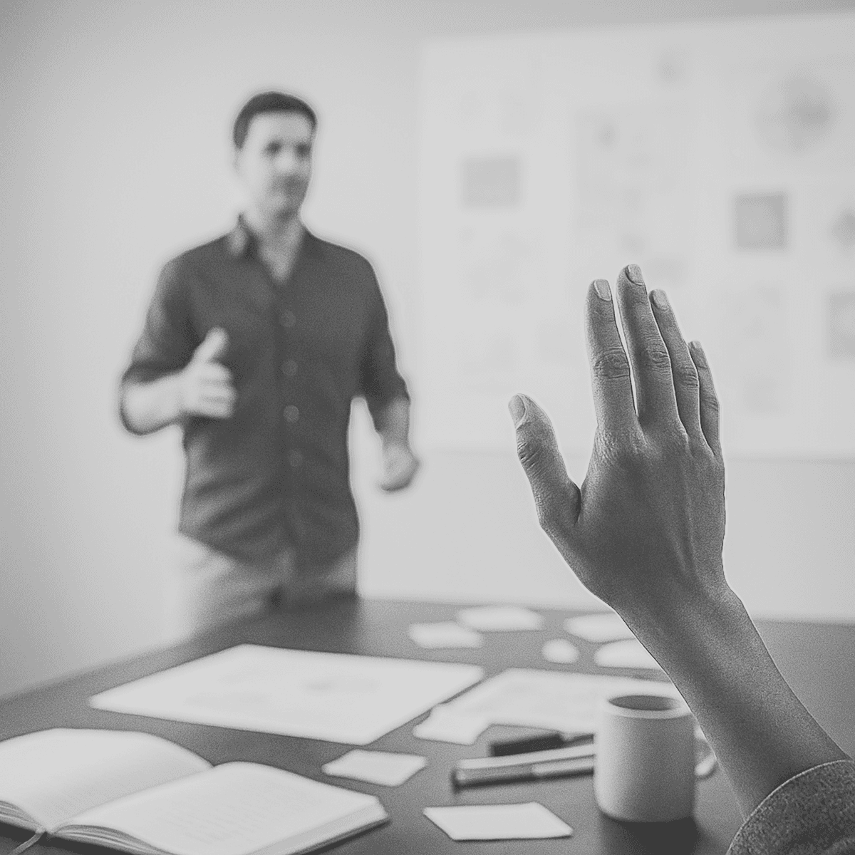 Profissional facilitanto uma conversa em estúdio aconchegante com elementos visuais ao fundo, expressando autenticidade e presença em comunicação de marca