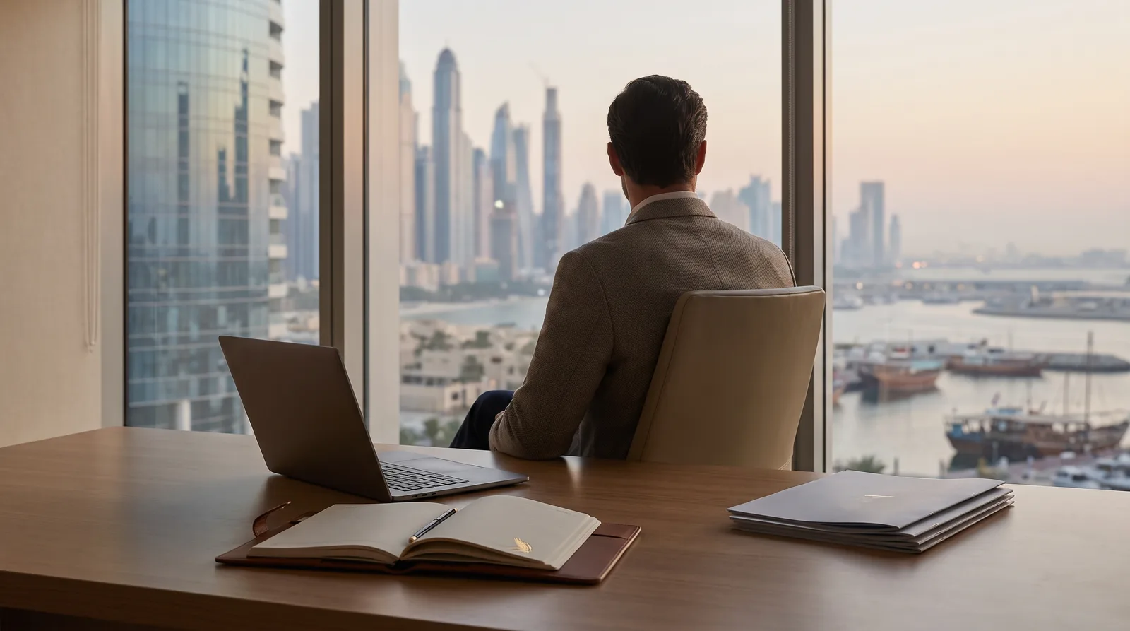 British founder setting up a Dubai business entity at a modern office with the skyline behind