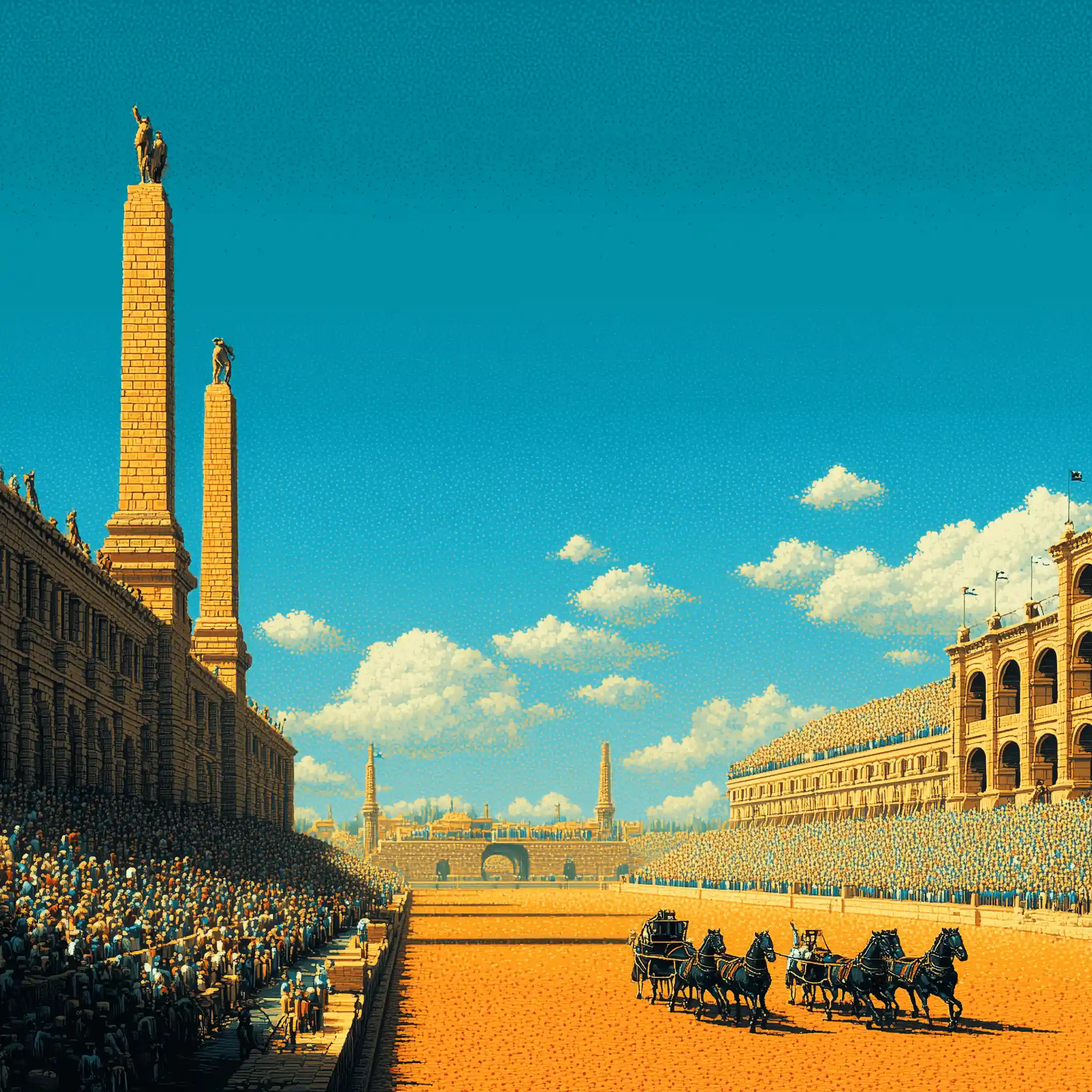 Illustration en pixel art d'un immense stade romain rempli de spectateurs, avec des chars tirés par des chevaux sur la piste ensoleillée.
