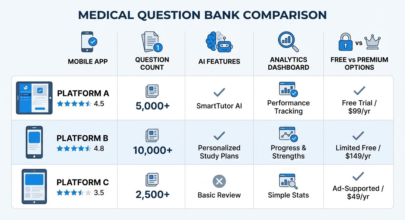 Comparison chart of free USMLE Step 1 question banks features and capabilities