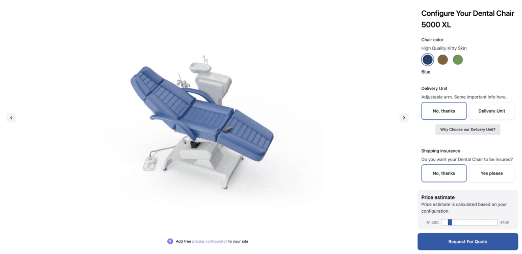 Price estimator for dental chair. HeadQ Visual CPQ tool in action.
