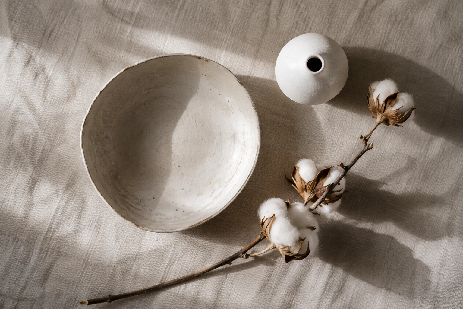 A shallow handmade cream bowl, a small white vase and a dried cotton stem, overhead quiet still life
