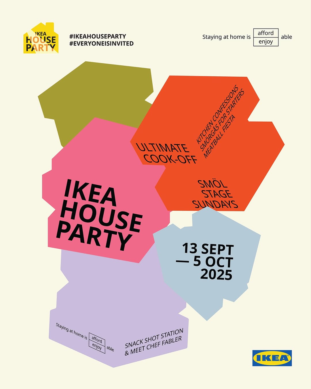 Promotional poster for 'IKEA House Party' featuring various events like 'Ultimate Cook-Off' and 'Smörgås for Starters', scheduled from 13 September to 5 October 2025.