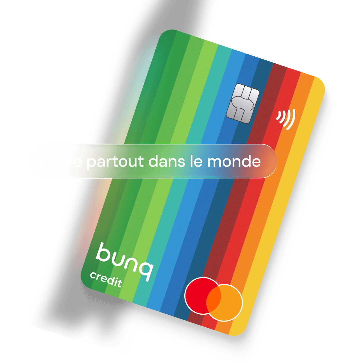Une main tenant plusieurs cartes de crédit colorées, entourée de formes abstraites et de pièces.