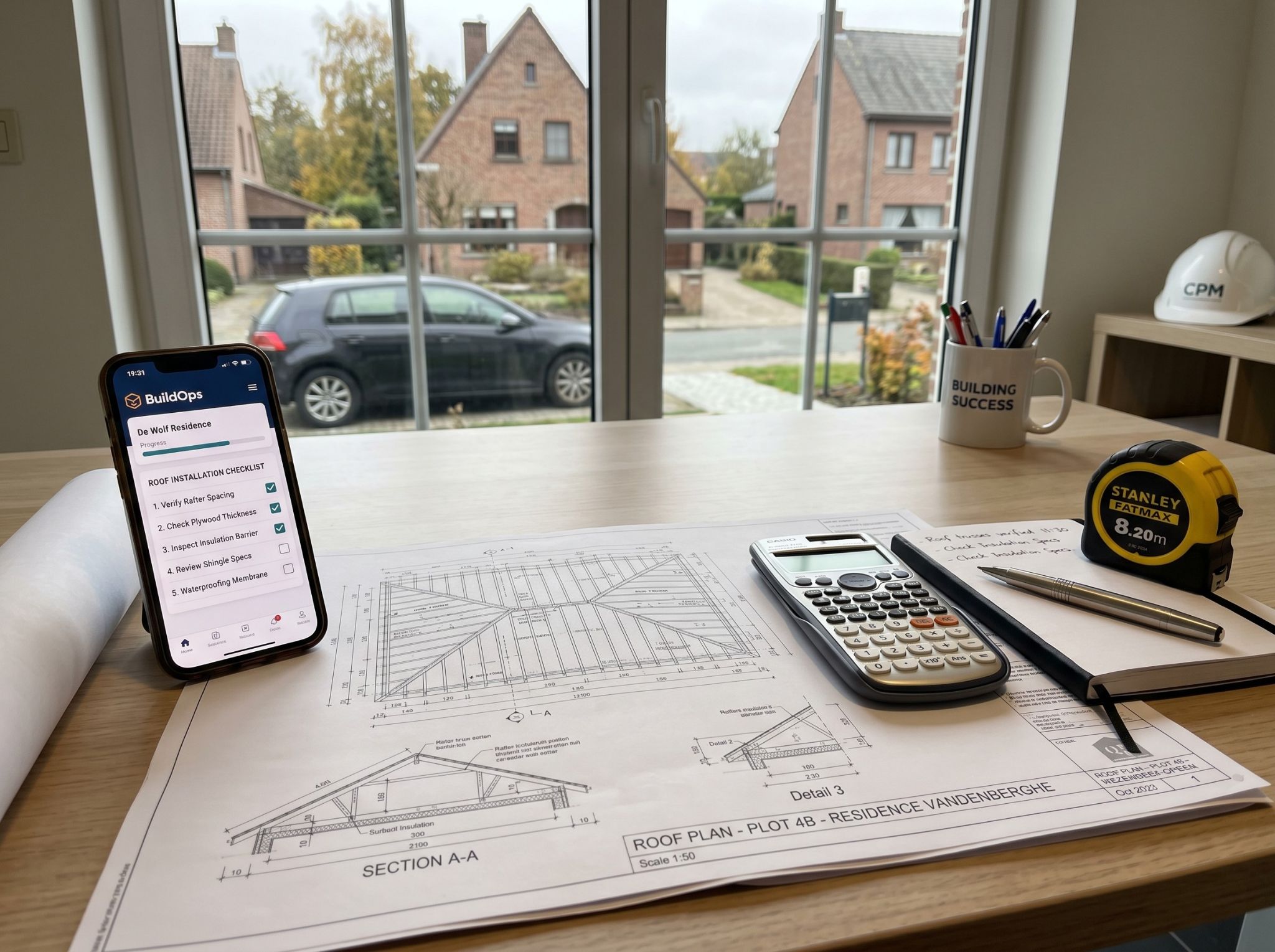 A clear, well-lit photograph showing the desk of a construction project manager. On the desk are carefully arranged, unrolled architectural plans for a roof, a calculator, a professional pen, a clean tape measure, and a smartphone displaying a project management app with checklists. In the background, out of focus, a large window overlooks a typical Wezembeek-Oppem residential street. The overall impression is one of meticulous preparation, verification, and transparency.