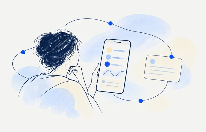 Mental health apps in fine navy linework with cobalt accents and pale watercolor washes.