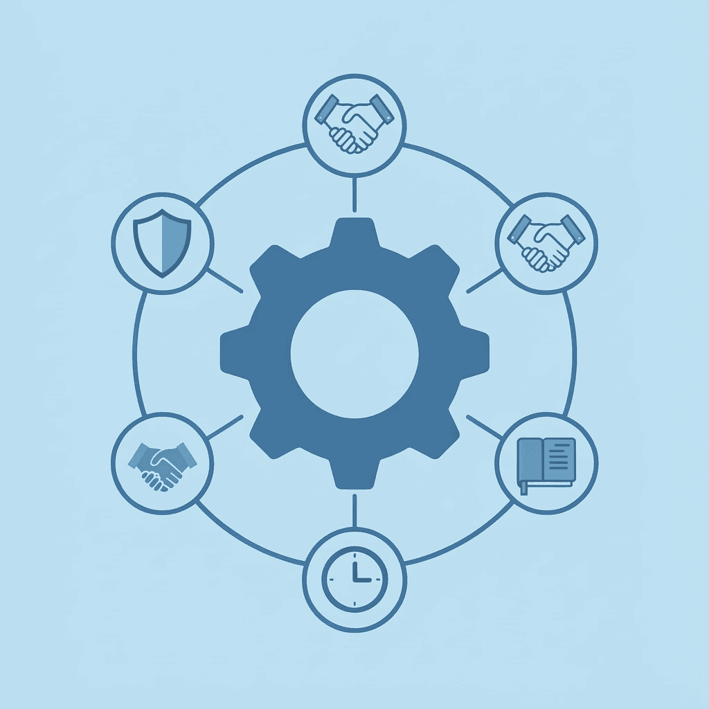 Central hub showing Singapore's business environment connected to four key factors: technology, regulations, local knowledge, and prospect quality