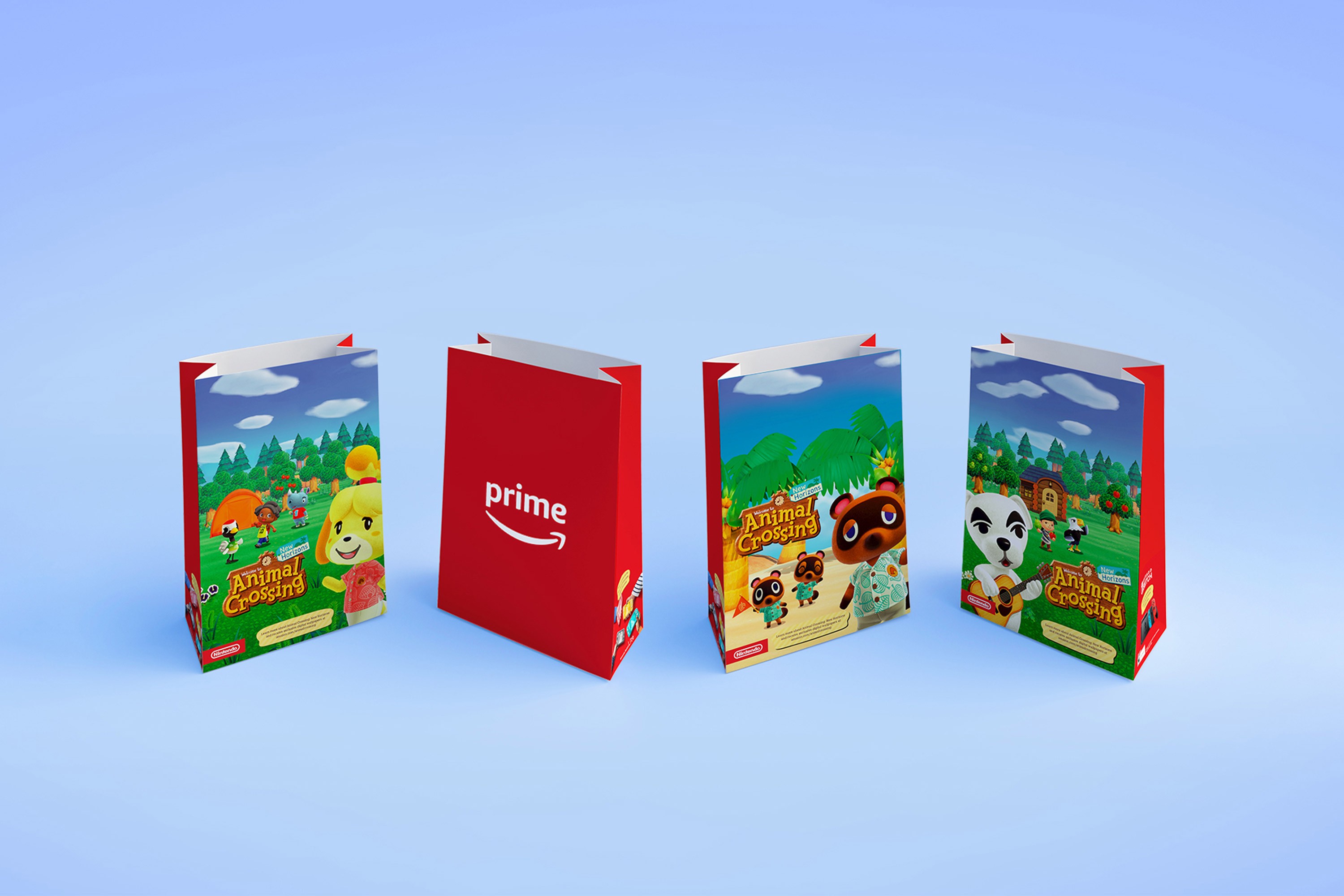 4 Amazon Prime grocery bags have Animal Crossing: New Horizons advertising printed on them.