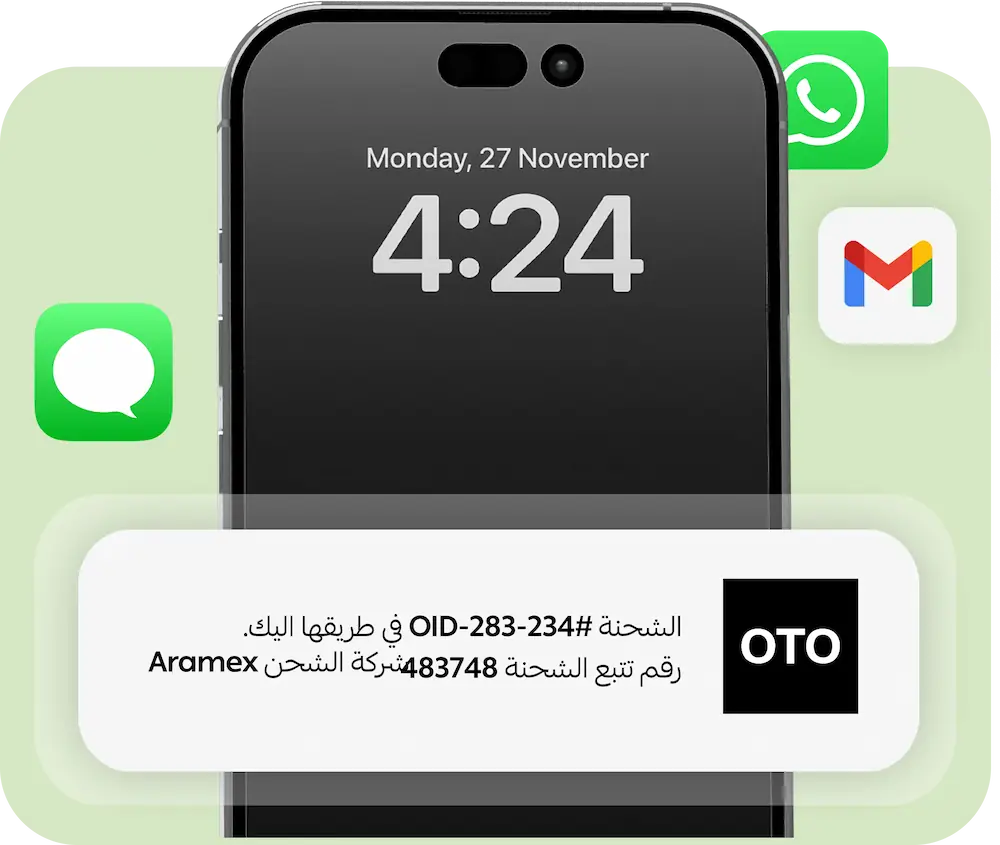 أنواع إخطار الطلب مثل الرسائل القصيرة، الواتساب، والبريد الإلكتروني