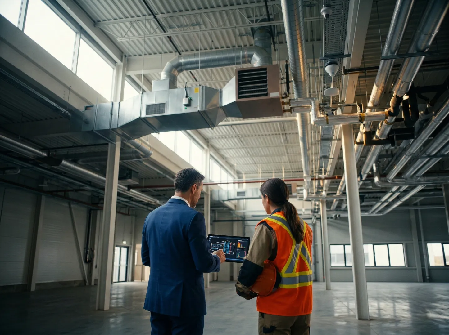 Femme présentant un audit à un professionnel dans un entrepôt