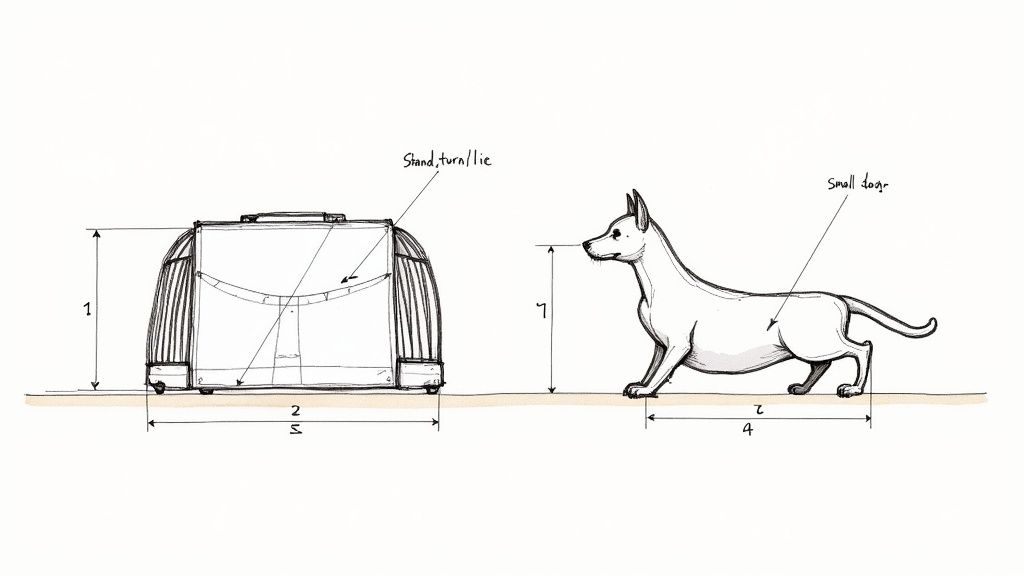 A small dog peeking out of a soft-sided pet travel carrier.