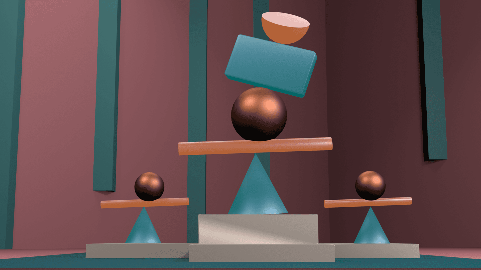 8-second 3D geometric building blocks balancing animation created in Blender.