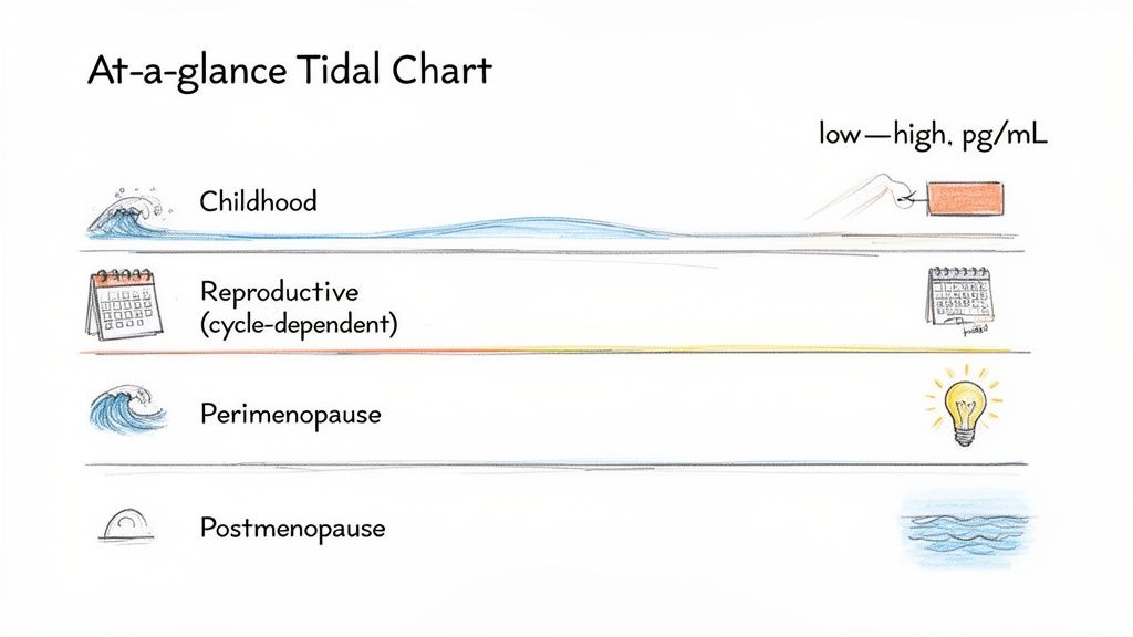 A tidal chart illustrating hormone levels across childhood, reproductive, perimenopause, and postmenopause life stages.