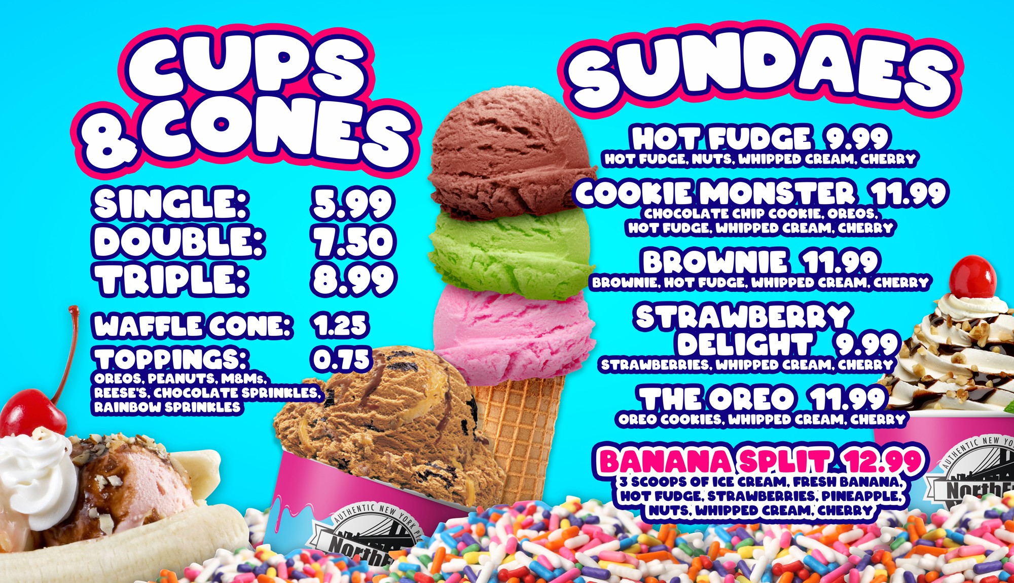 hand-dipped ice cream cups and cones, classic sundaes like hot fudge sundae, Cookie Monster sundae, and the Banana Split, served fresh at North End Pizza in Virginia Beach, VA
