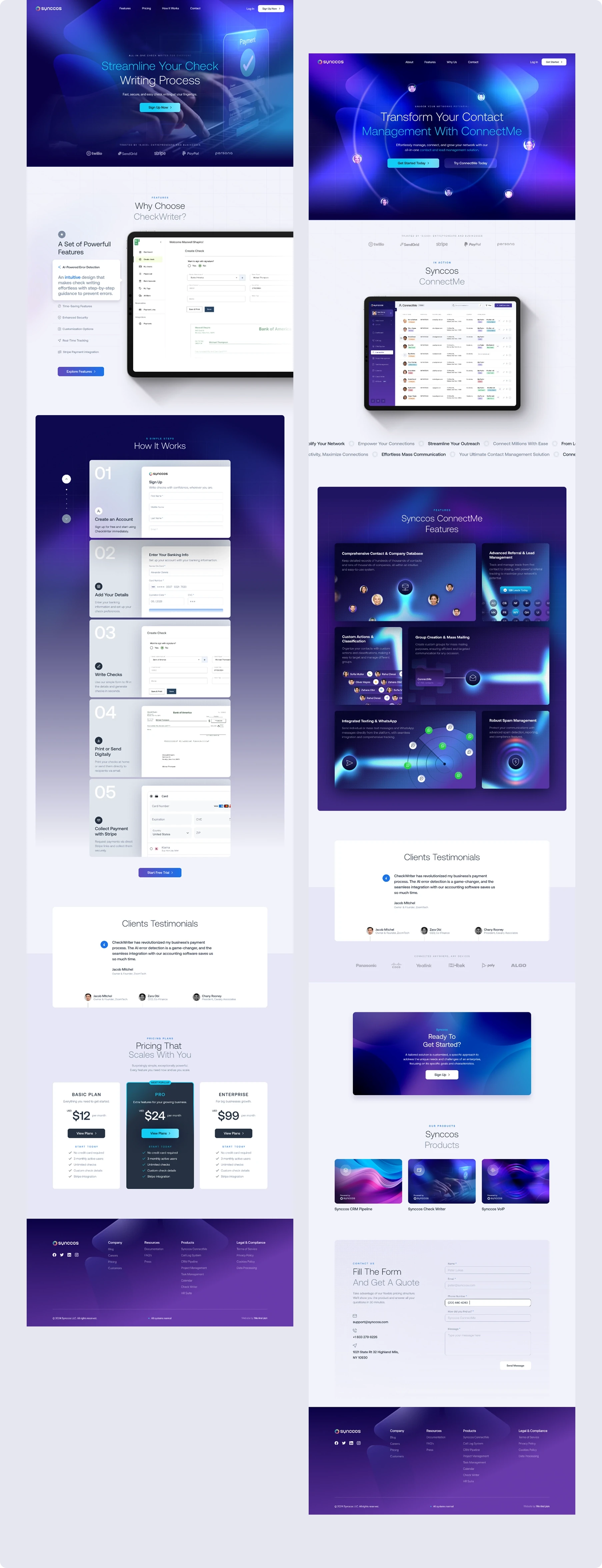 Long collage of purple and blue futuristic website screens, showing dashboards, forms, charts, product cards, glowing graphics, and navigation layouts.