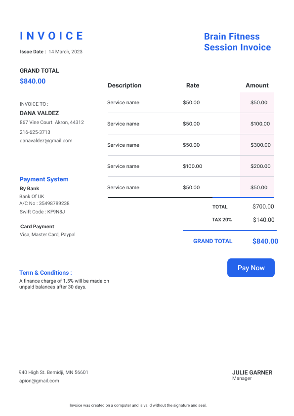 Brain Fitness Session Invoice