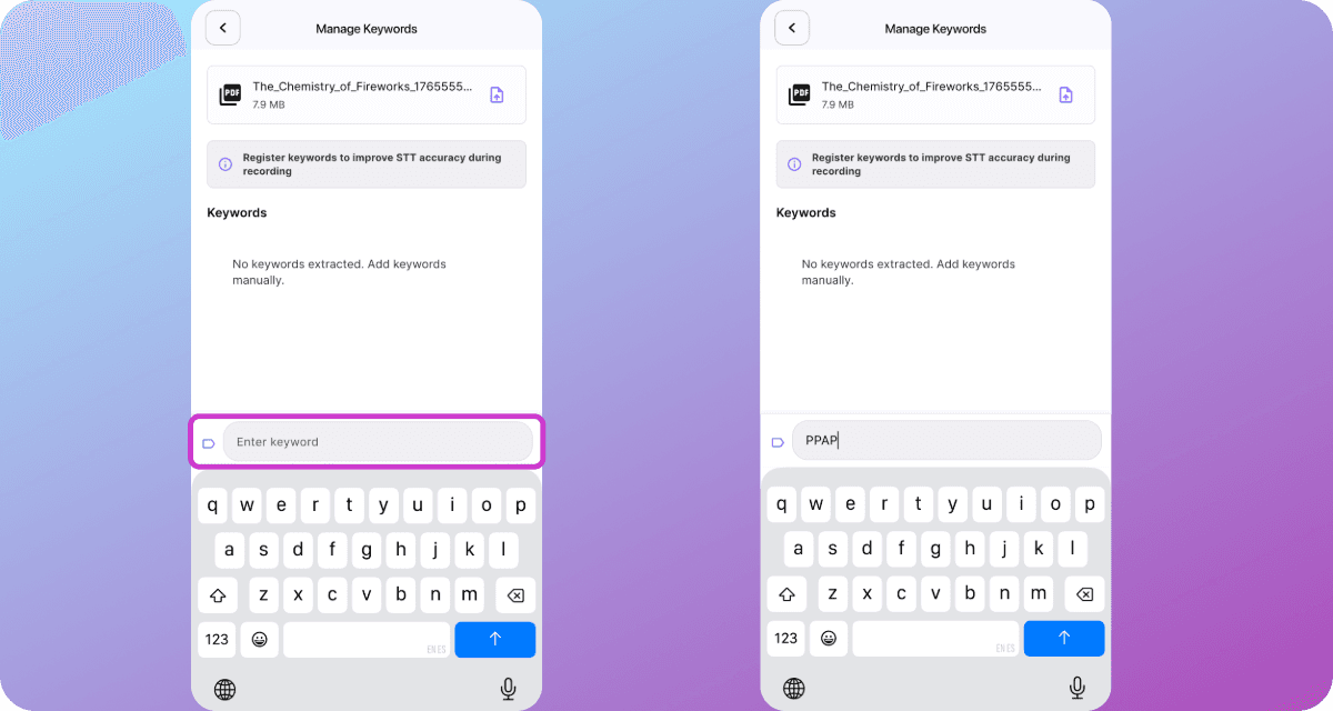 Manual keyword entry field highlighted, then a keyword is being typed into the input.