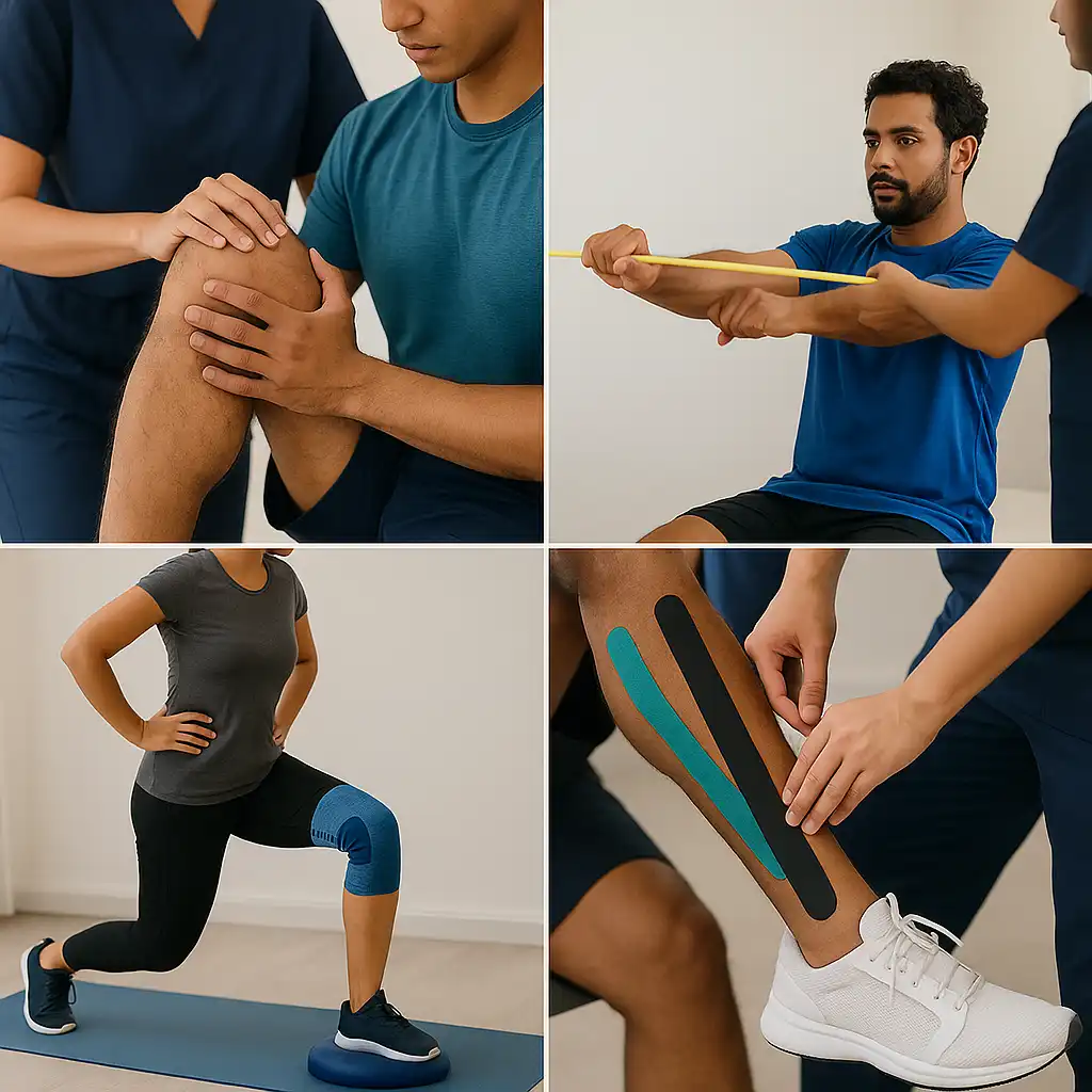 Sports physiotherapy collage featuring knee joint assessment, resistance-band training, kinesio taping, and balance strengthening exercises.