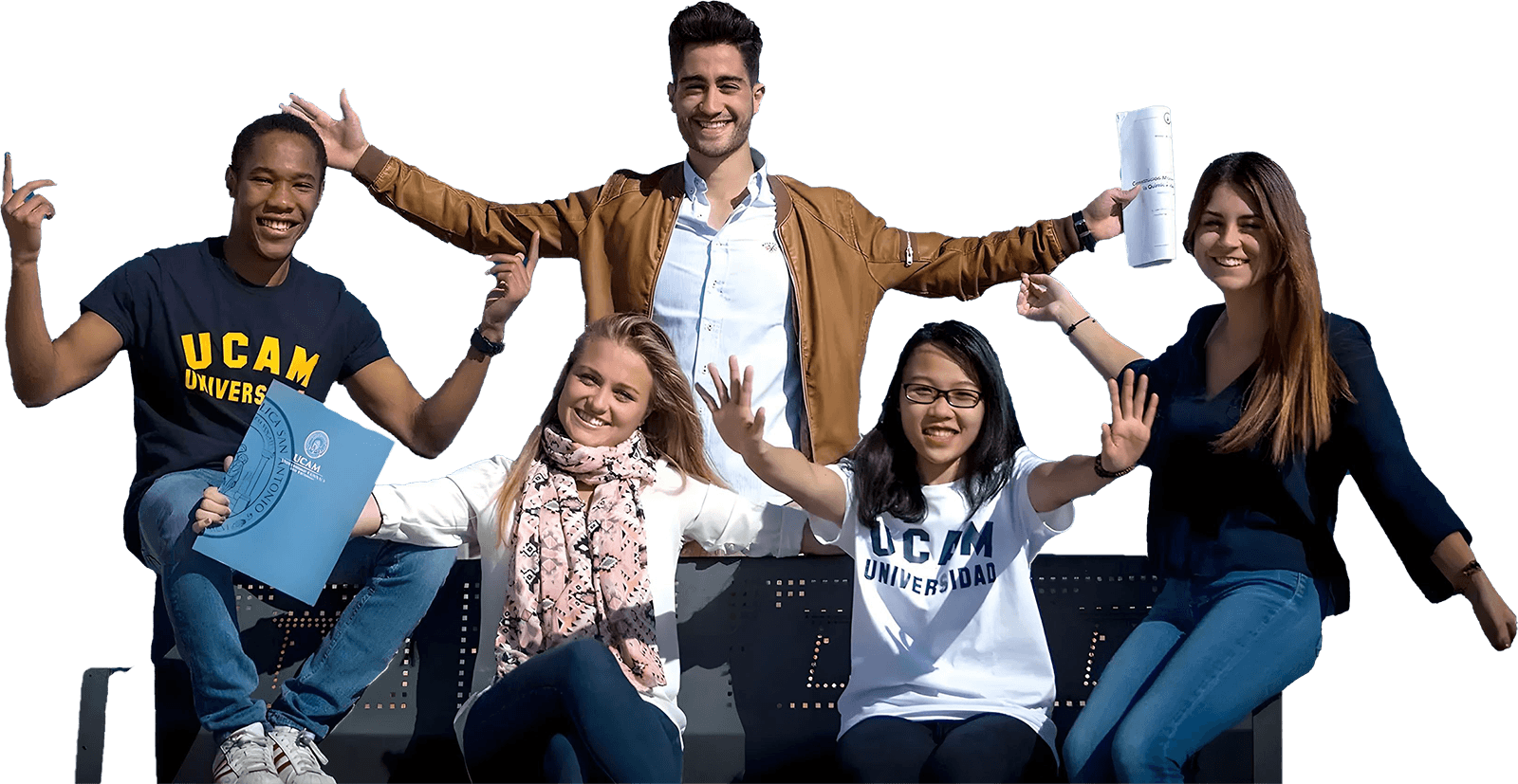 Five cheerful individuals sitting on a bench in a sunny outdoor setting, with some holding documents; related to the European Master in Mumbai program.