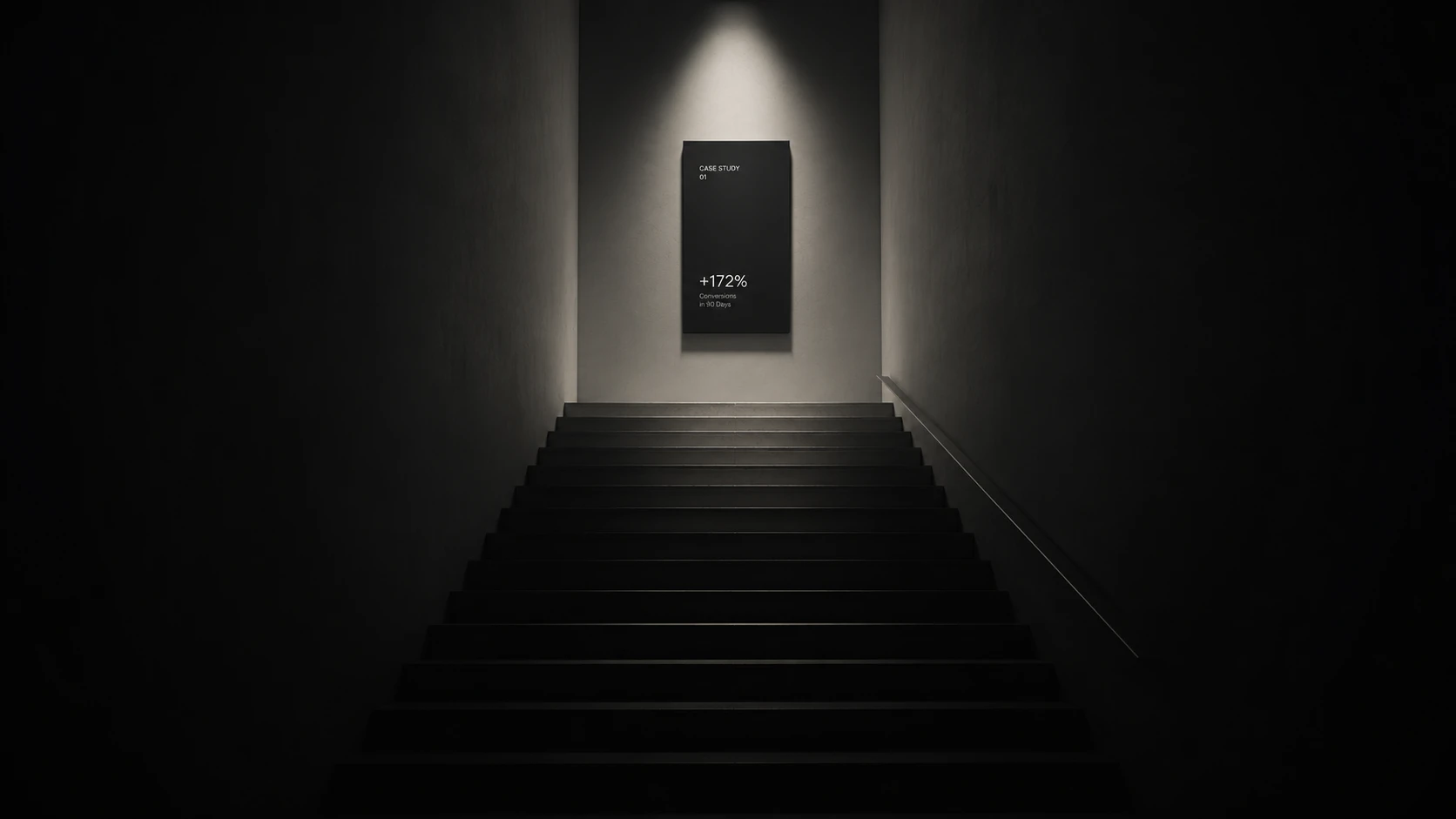 A spotlighted case study reading +172% conversions atop a dark staircase fading into shadow, illustrating the ceiling effect