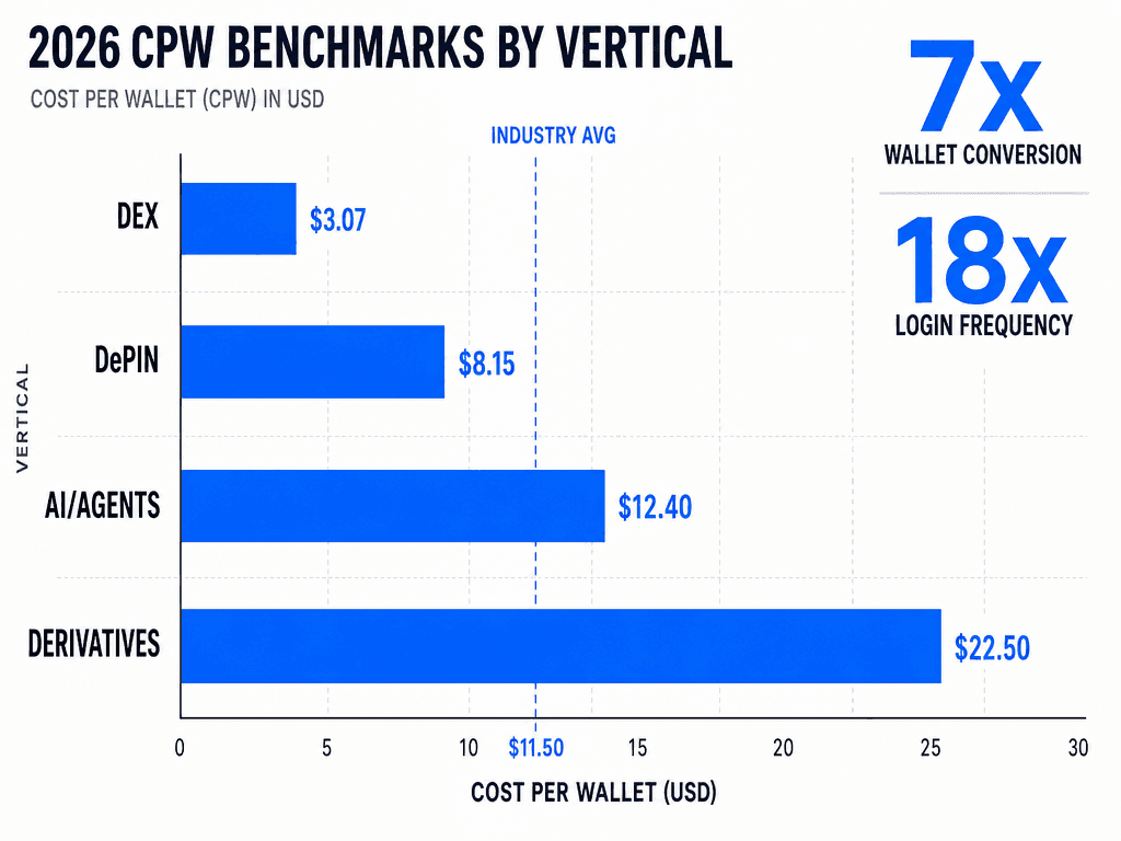 Bar chart comparing 2026 Cost Per Wallet (CPW) benchmarks for DEX, DePIN, AI/Agents, and Derivatives sectors in cryptocurrency marketing.