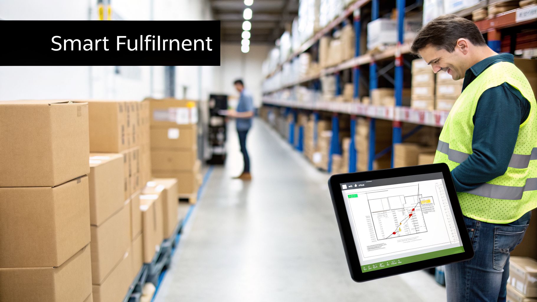 A smiling man in a safety vest uses a tablet in a smart fulfillment warehouse.