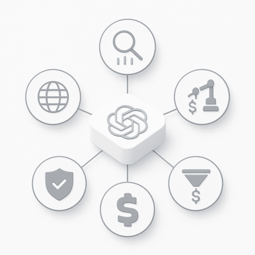 Radial diagram showing central platform icon linked to five icons: globe, graph, robot, funnel, shield