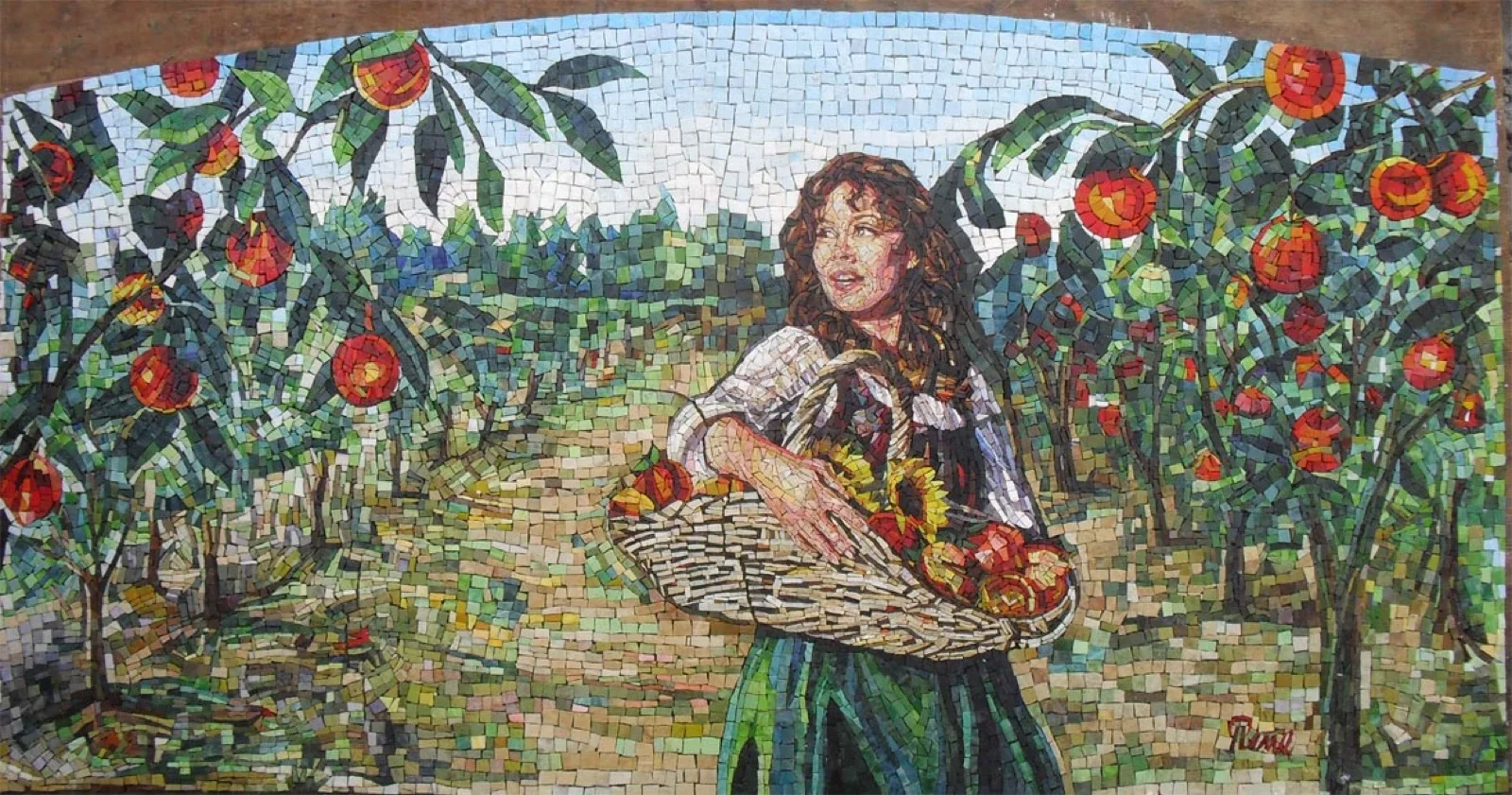 A Walk in the Orchard: hand-cut mosaic kitchen backsplash mural of a woman carrying a basket of fruit through an apple orchard.
