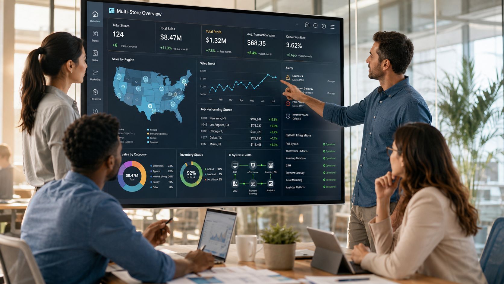 A professional team discussing business analytics performance on a large digital screen in an office meeting room.