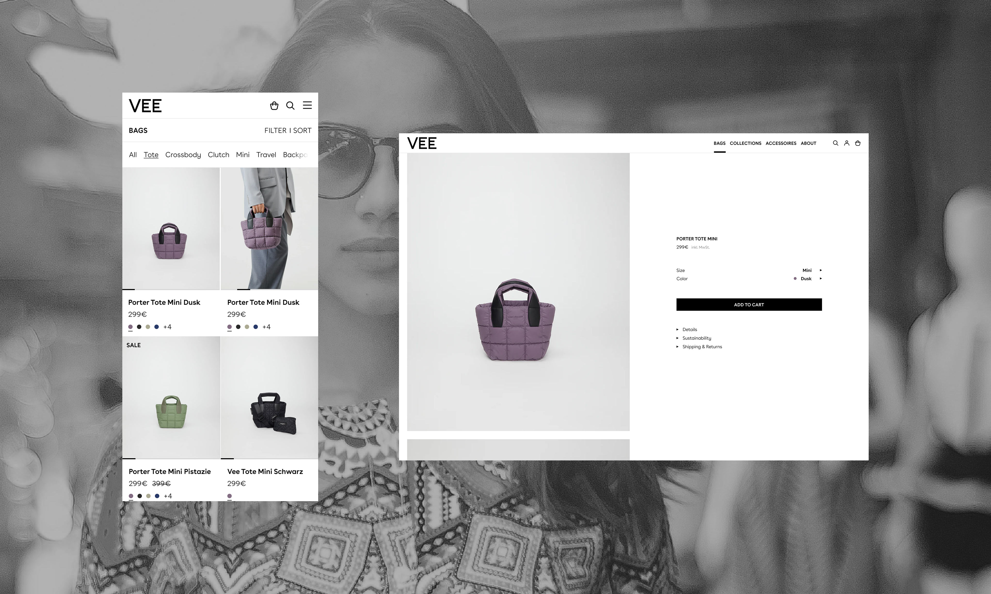Representation of the product detail page of VeeCollective