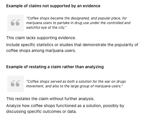 Screenshot showing examples of a claim not supported by evidence and an example of restating a claim rather than analysing it.