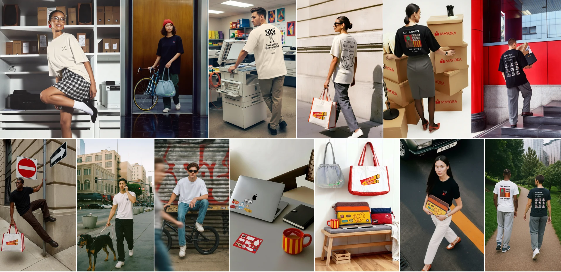 Mayora merchandise campaign featuring people wearing branded apparel and carrying bags in everyday settings