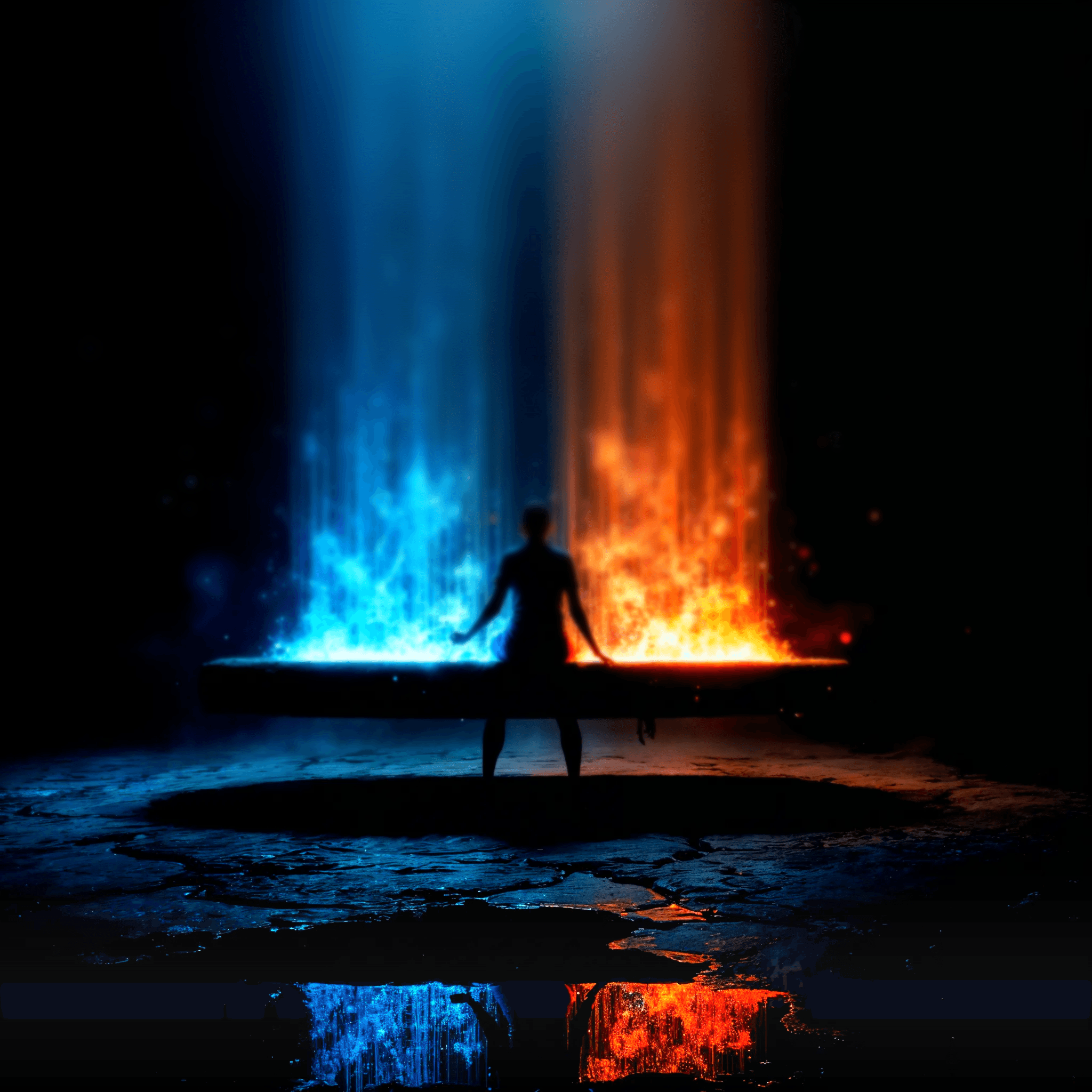 "A 'Quantum Analytics FAQ: Your Top Questions, Answered' section displayed over a dark, futuristic background with blue and orange light emanating from above, illuminating a silhouetted figure. The section presents several common questions about analytics in expandable dark boxes."